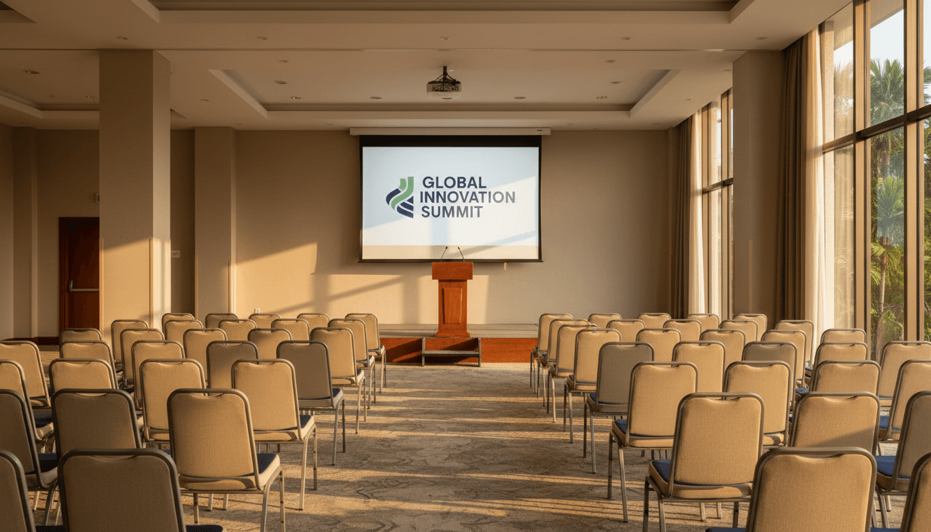 Empty conference room at Pegasus Hotel, Kingston, set up with seating and stage for ScdleapJa conference