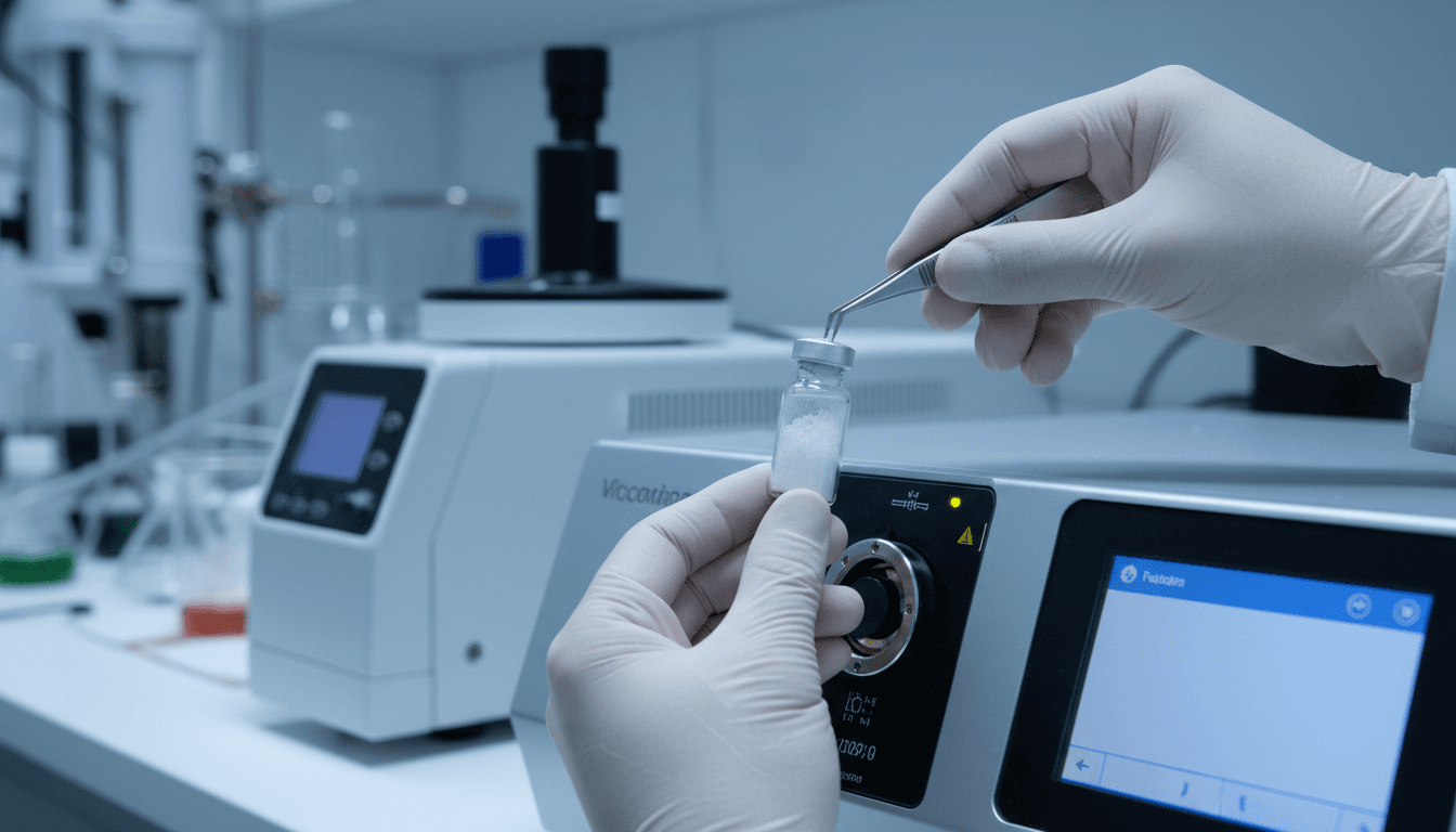 Researcher's gloved hands transferring lyophilized peptide sample into analytical instrument in laboratory workbench setting