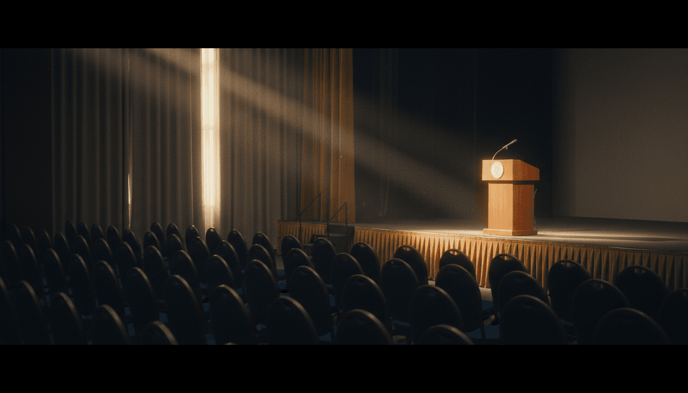 Empty conference auditorium with stage and podium at Pegasus Hotel