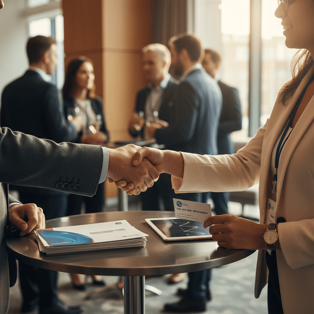 Two professionals exchange business cards and shake hands during academic conference networking event in modern foyer