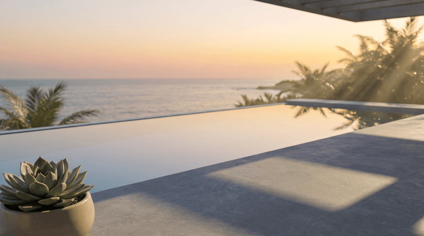 Modern hotel exterior with pool and palm trees in afternoon light