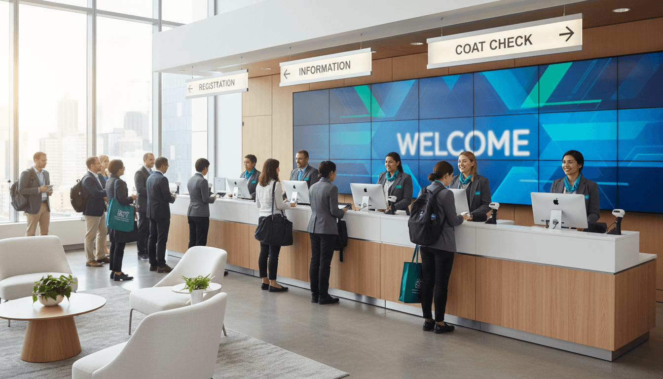Modern conference registration area with multiple check-in stations, professional staff, and diverse attendees arriving with bags and materials