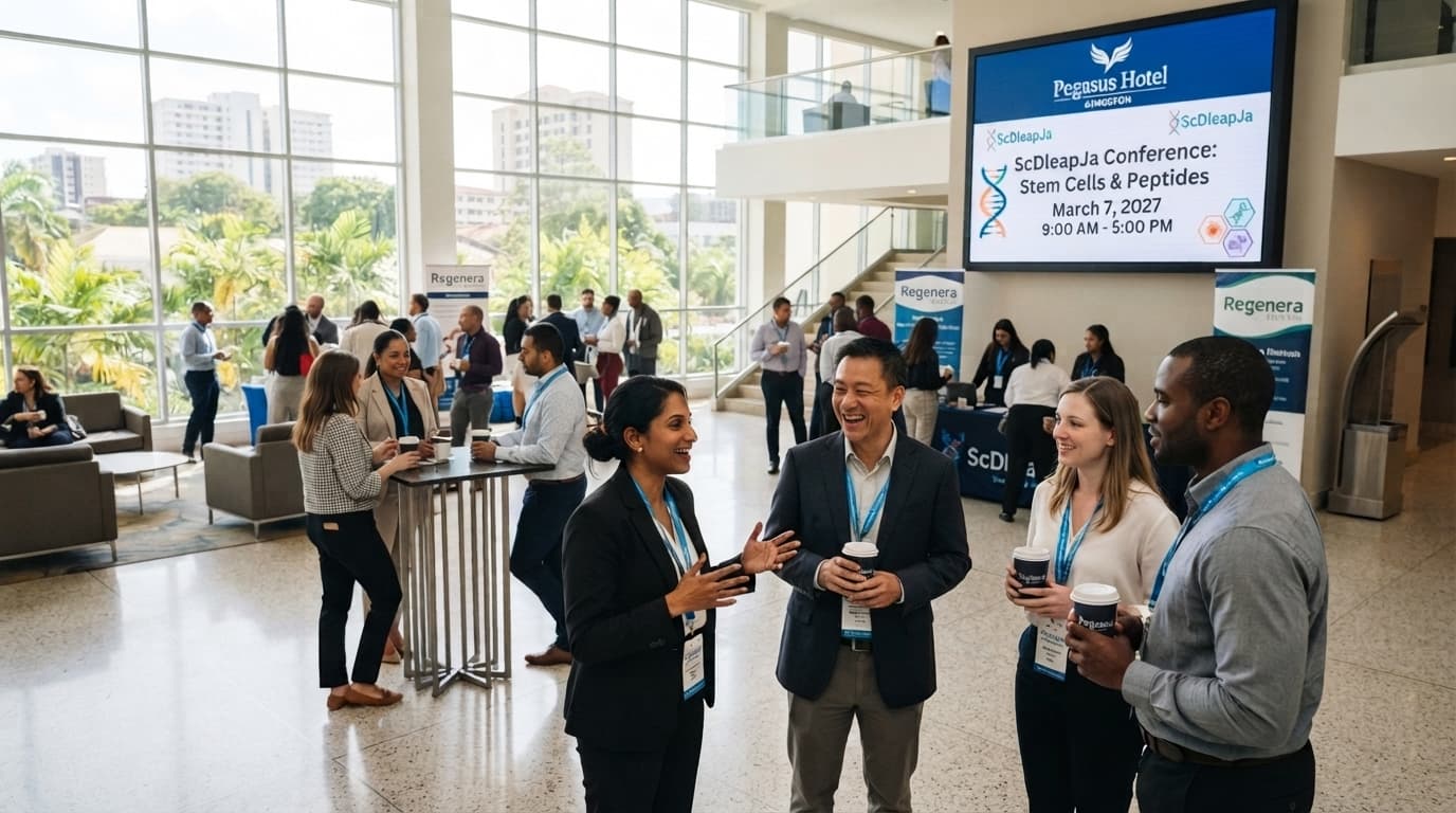 Attendees networking in a bright hotel atrium during a stem cell and peptide conference.