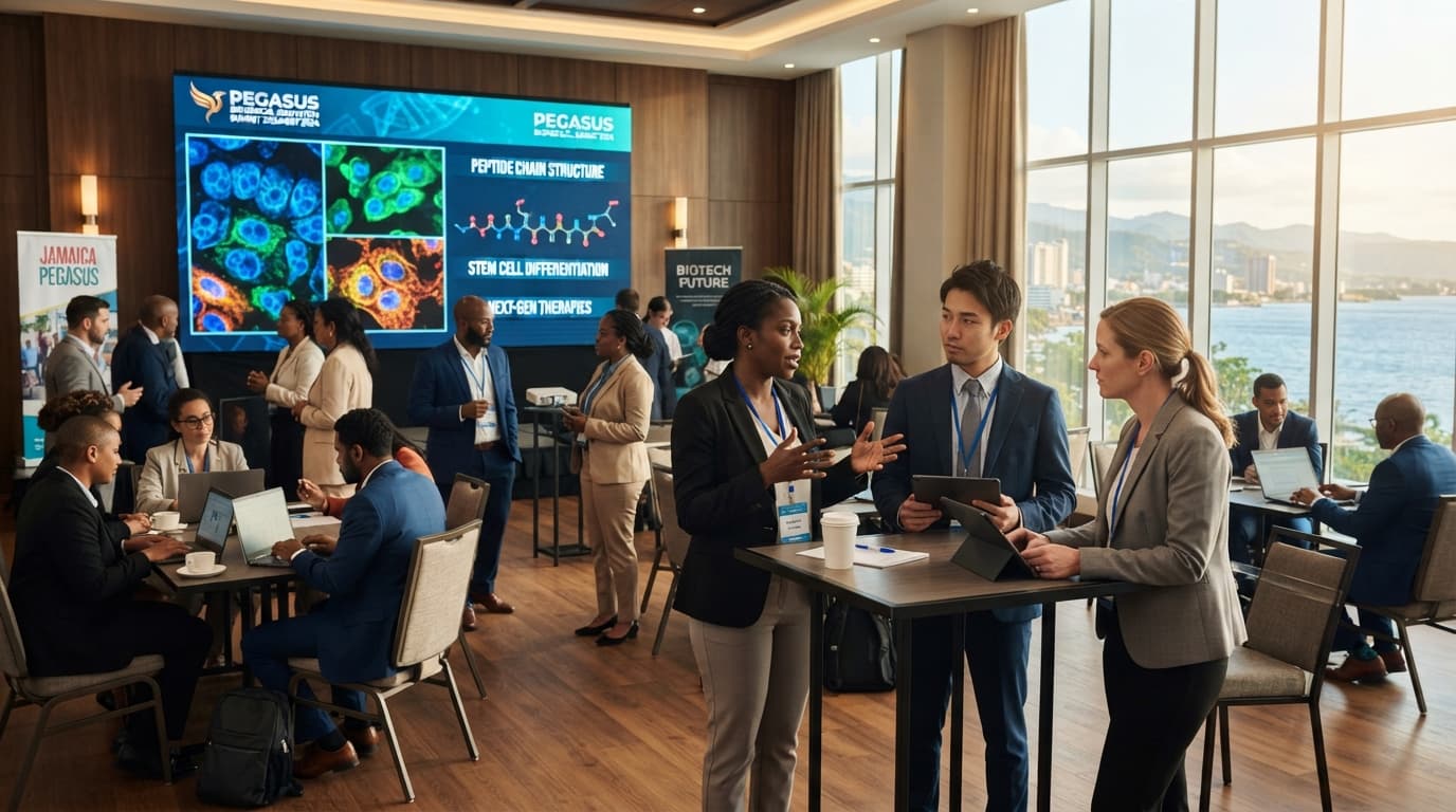 Diverse professionals networking at a biotechnology conference featuring scientific displays and scenic coastal views.